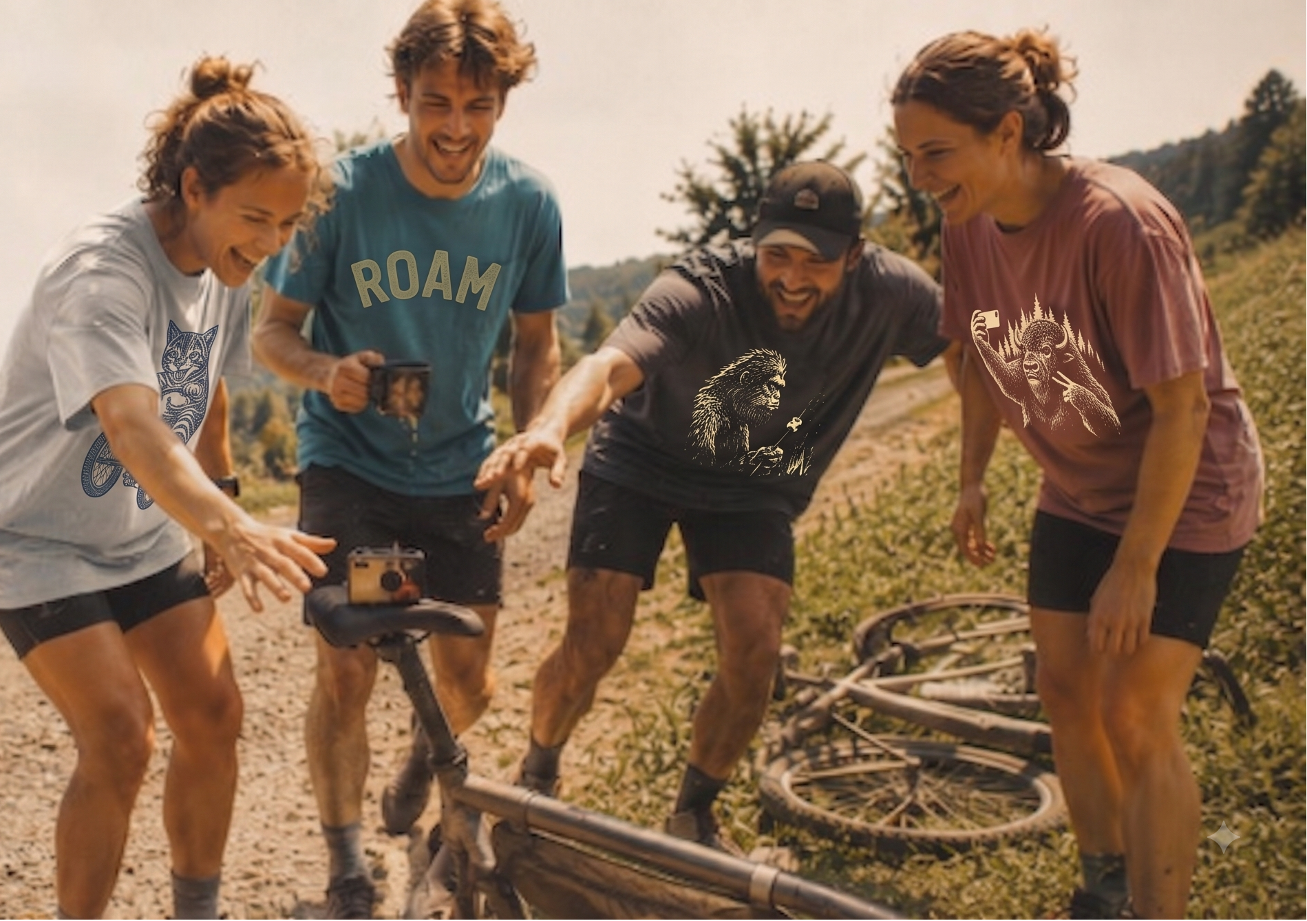 Group of gravel cyclists in graphic t-shirts laughing on a scenic dirt road at sunset