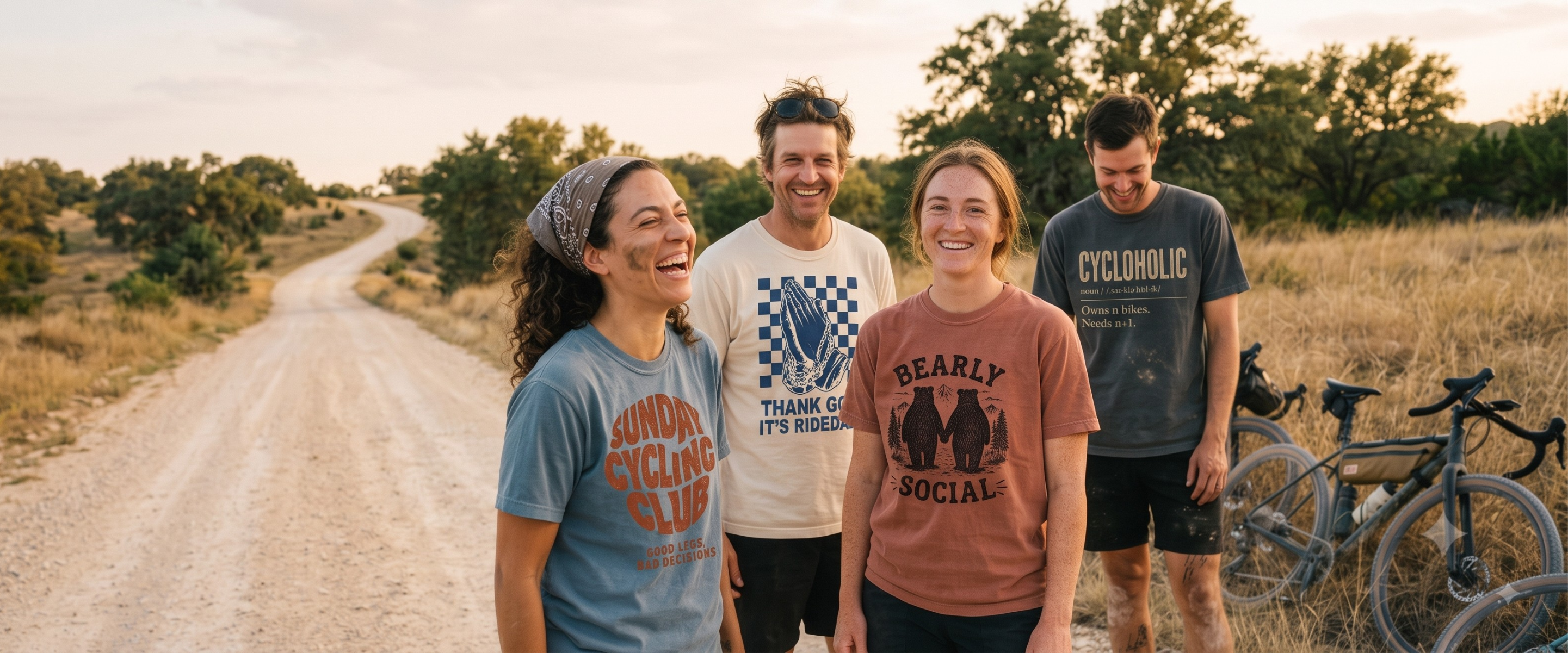 Four people standing on a dirt road outdoors at sunset, wearing graphic T-shirts. Two bicycles are parked on the right side of the road.